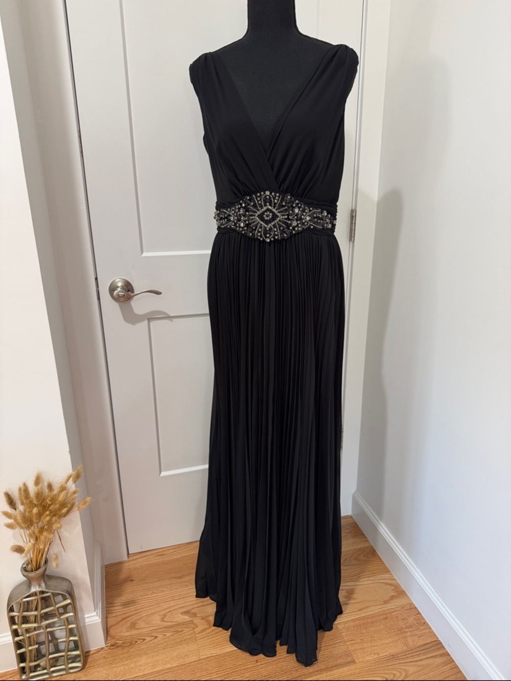 Rickie Freeman for Teri Jon NWOT Black Beaded-Waist Maxi Gown